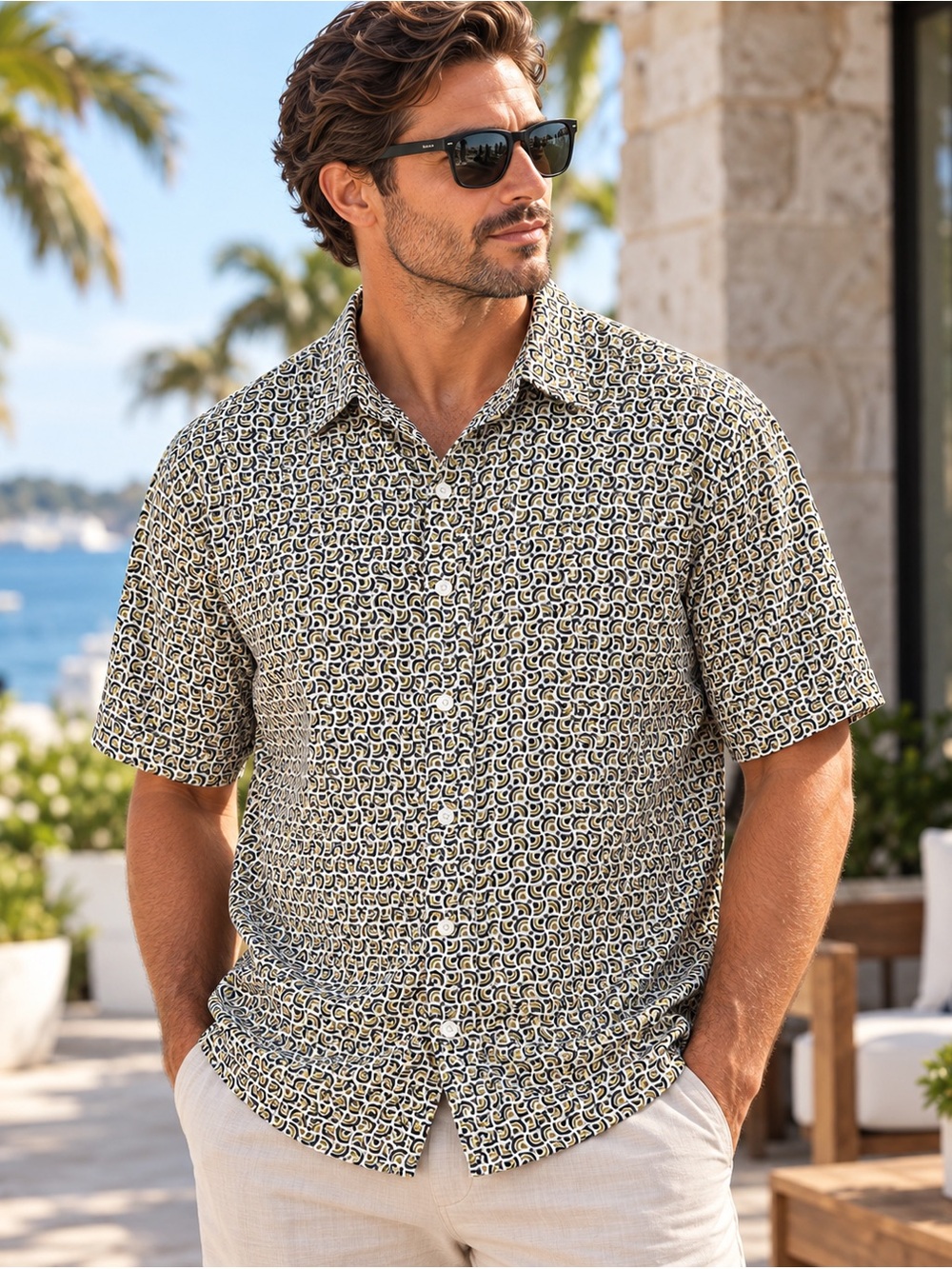 ROWM Men’s Geometric Print Button Down Shirt 2XL XXL Short Sleeve Retro Mod #237